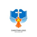 Christian church logo. Bible symbols. The open Bible, the cross of Jesus Christ and the dove Royalty Free Stock Photo