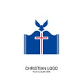 Christian church logo. Bible symbols. The open Bible, the cross of Jesus Christ and the dove