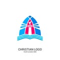 Christian church logo. Bible symbols. The open Bible, God`s lighthouse and dove