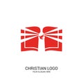 Christian church logo. Bible symbols. The open Bible, God`s lighthouse and dove Royalty Free Stock Photo