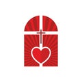 Christian church logo. The cross of Jesus in the center of the altar and heart