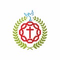 Christian church logo. Cross of Jesus, crown of thorns, pigeon and laurels