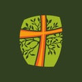 Christian church logo. The cross of Jesus and the flowering branches