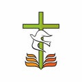 Christian church logo. The cross of Jesus, the pages of the Bible and the dove.