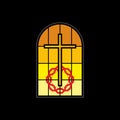 Christian church logo. Stained glass window, cross, crown of thorns, church window.