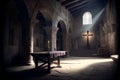 Christian church with a religious cross, light beams through the window, faith and spirituality concept, generative AI Royalty Free Stock Photo