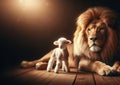 Christian concept art. a lion and a lamb living in harmony. Large imposing powerful lion king representing the lion of Judah