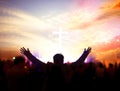 Church worship concept:Christians raising their hands in praise and worship at a night music concert Royalty Free Stock Photo