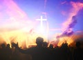 Church worship concept:Christians raising their hands in praise and worship at a night music concert Royalty Free Stock Photo