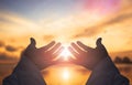 The concept of God`s salvation:Human hands open palm up worship