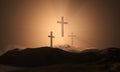 Christian croses on hill outdoors at sunrise. Calvary crucifixion. 3D illustration.