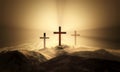 Christian croses on hill outdoors at sunrise. Calvary crucifixion. 3D illustration.