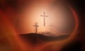 Christian croses on hill outdoors at sunrise. Calvary crucifixion. 3D illustration.