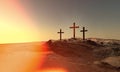 Christian croses on hill outdoors at sunrise. Calvary crucifixion. 3D illustration.