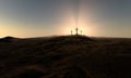 Christian croses on hill outdoors at sunrise. Calvary crucifixion. 3D illustration.