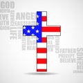 Christian cross of America flag on background religious words