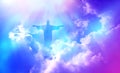 Christian cross appeared bright in the sky with soft fluffy clouds, white, beautiful colors Royalty Free Stock Photo