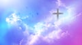 Christian cross appeared bright in the sky with soft fluffy clouds, white, beautiful colors