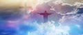 Christian cross appeared bright in the sky with soft fluffy clouds The Christian cross looks bright in the golden sky, with soft Royalty Free Stock Photo
