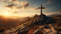 Christian Cross Appears Bright in the Blue Cloudy Sky Mountain Top Background Royalty Free Stock Photo