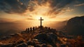 Christian Cross Appears Bright in the Blue Cloudy Sky Mountain Top Background Royalty Free Stock Photo