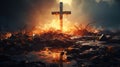 Christian Cross Appears Bright in the Red Cloudy Sky Background Royalty Free Stock Photo