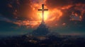 Christian Cross Appears Bright in the Red Cloudy Sky Background Royalty Free Stock Photo