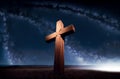 Christian cross on background of starry sky. Christian cross at night with stars in sky. Generative AI. Royalty Free Stock Photo