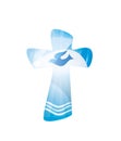 Christian cross baptism with waves of water and dove on blue background. Religious sign. Multiple.exposure