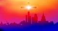 Christian cross and big city. Vector illustration