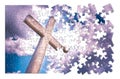 Christian cross on blue background in shape of puzzle - concept Royalty Free Stock Photo