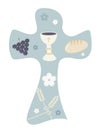 Christian cross with chalice grapes bread and wheat ear. Religious sign. pastel blue background Royalty Free Stock Photo