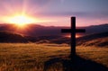 Christian cross in countryside at sunset. Christian cross in nature at sunrise. Generative AI. Royalty Free Stock Photo