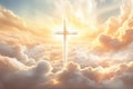 Christian cross and divine light through the clouds around cross in sky, enchanting light and peach fuzz tones on heaven Royalty Free Stock Photo