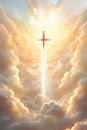 Christian cross and divine light through the clouds around cross in sky, enchanting light and peach fuzz tones on heaven Royalty Free Stock Photo