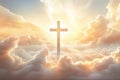 Christian cross and divine light through the clouds around cross in sky, enchanting light and peach fuzz tones on heaven Royalty Free Stock Photo