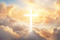 Christian cross and divine light through the clouds around cross in sky, enchanting light and peach fuzz tones on heaven Royalty Free Stock Photo