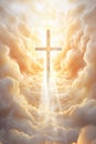 Christian cross and divine light through the clouds around cross in sky, enchanting light and peach fuzz tones on heaven Royalty Free Stock Photo