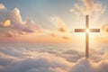 Christian cross and divine light through the clouds in sky, enchanting light on heaven, religion concept Royalty Free Stock Photo