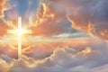 Christian cross and divine light through the clouds in sky, enchanting light and peach fuzz tones on heaven Royalty Free Stock Photo