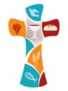 Christian cross with dov, grape, chalice, bread, ears of wheat and fish on colorful background