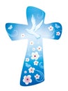 Christian cross with dove and flowers on blue background Royalty Free Stock Photo