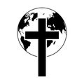 Christian cross with globe icon. Black religion logo. Vector illustration Royalty Free Stock Photo