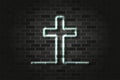 Christian cross glowing neon sign or glass tube on a black brick wall. Realistic vector art Royalty Free Stock Photo
