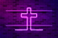 Christian cross glowing purple neon sign or LED strip light. Realistic vector illustration Royalty Free Stock Photo