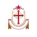 Christian Cross golden emblem created with red star, laurel wreath and luxury ribbon. Heraldic Coat of Arms decorative logo