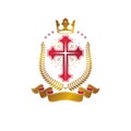 Christian Cross golden emblem created with royal crown, laurel w