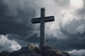 Christian cross on grey cloudy sky background announces Jesus\'s rising from the dead. Generative AI