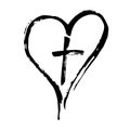 Christian cross and heart drawn by brush, isolated symbols on a white background. Royalty Free Stock Photo