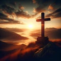 Christian cross on hill outdoors at sunrise Royalty Free Stock Photo